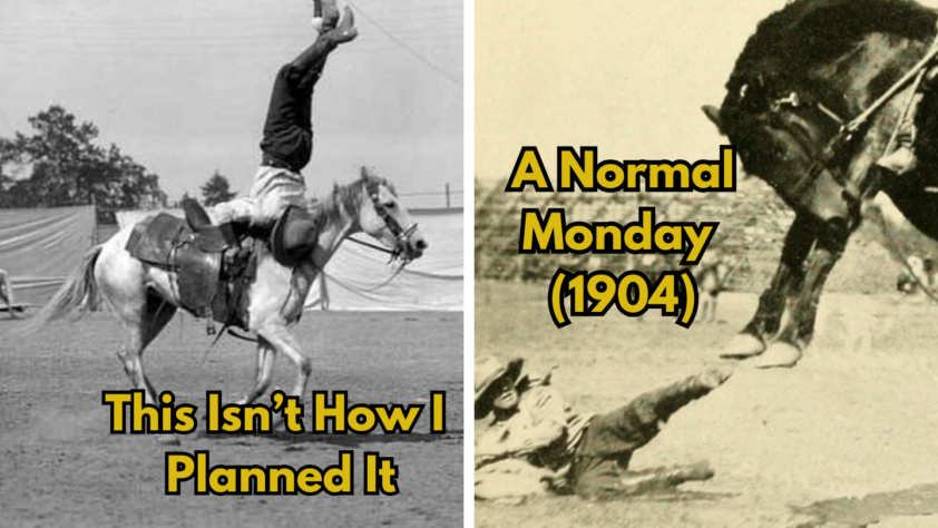 Left image: A person performing a handstand on a horse. Right image: A person lying on the ground with a horse nearby. Text reads: "This Isn't How I Planned It" and "A Normal Monday (1904).