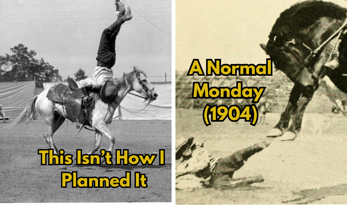 Left image: A person performing a handstand on a horse. Right image: A person lying on the ground with a horse nearby. Text reads: "This Isn't How I Planned It" and "A Normal Monday (1904).