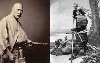 Left: A man in traditional Japanese clothing holds a sword. Right: A man in historical samurai armor stands with a spear by a tree, with a distant landscape in the background. Both images are in black and white.