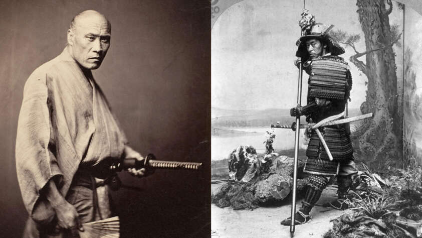 Left: A man in traditional Japanese clothing holds a sword. Right: A man in historical samurai armor stands with a spear by a tree, with a distant landscape in the background. Both images are in black and white.