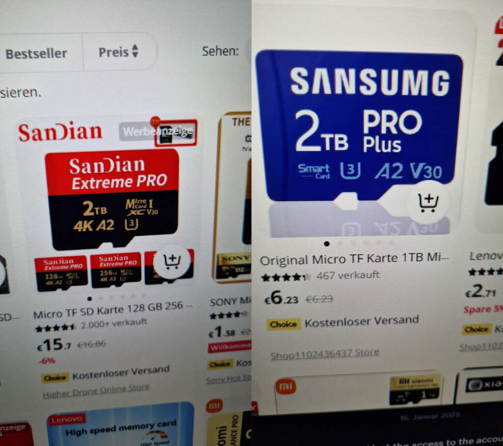 Close-up of an online shopping page displaying memory cards. The left card is "SanDian Extreme PRO" with various storage options, while the right card is labeled "SANSUMG 2TB PRO Plus." Pricing and cart options are visible below each card.