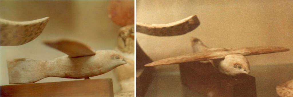 Two images show a small, carved wooden bird with extended wings. The bird's body is smooth, and it appears to be part of an ancient artifact display. The photos are taken from different angles.