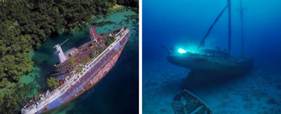 Left: Aerial view of a large shipwreck partially submerged in clear, shallow green waters near a lush forest. Right: Underwater view of a shipwreck on the ocean floor, dimly lit with a bright light, alongside a smaller sunken boat.