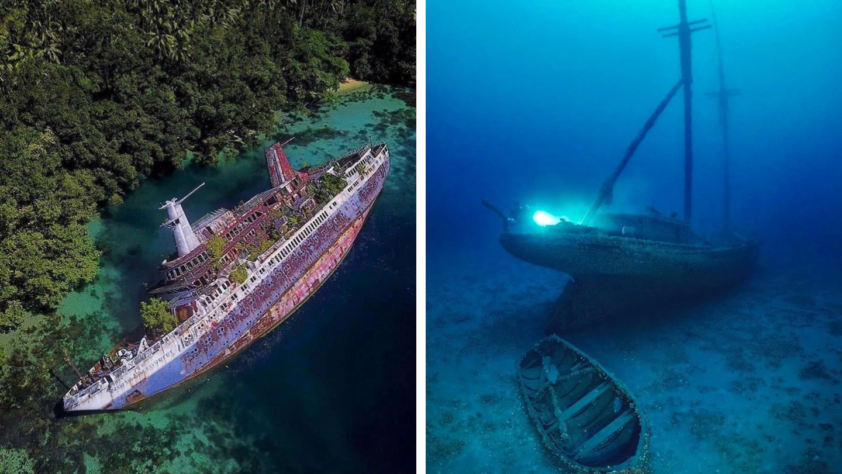 Left: Aerial view of a large shipwreck partially submerged in clear, shallow green waters near a lush forest. Right: Underwater view of a shipwreck on the ocean floor, dimly lit with a bright light, alongside a smaller sunken boat.