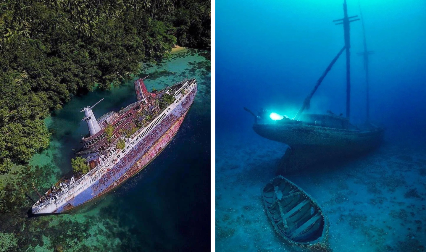 Left: Aerial view of a large shipwreck partially submerged in clear, shallow green waters near a lush forest. Right: Underwater view of a shipwreck on the ocean floor, dimly lit with a bright light, alongside a smaller sunken boat.