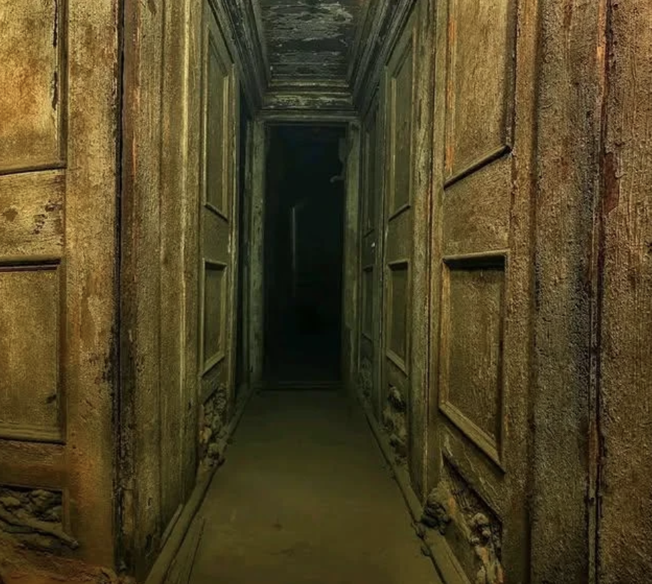 Narrow, dimly lit corridor with decaying, textured walls and ceiling. The passageway leads into darkness, creating a sense of mystery and unease. The walls show signs of wear and age, adding to the eerie atmosphere.