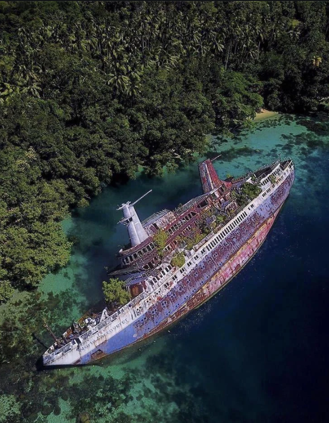 Aerial view of a large, rusted shipwreck partially submerged in clear, shallow turquoise water. The ship is surrounded by dense green foliage. Vegetation grows on the deck, blending the vessel into the lush landscape.