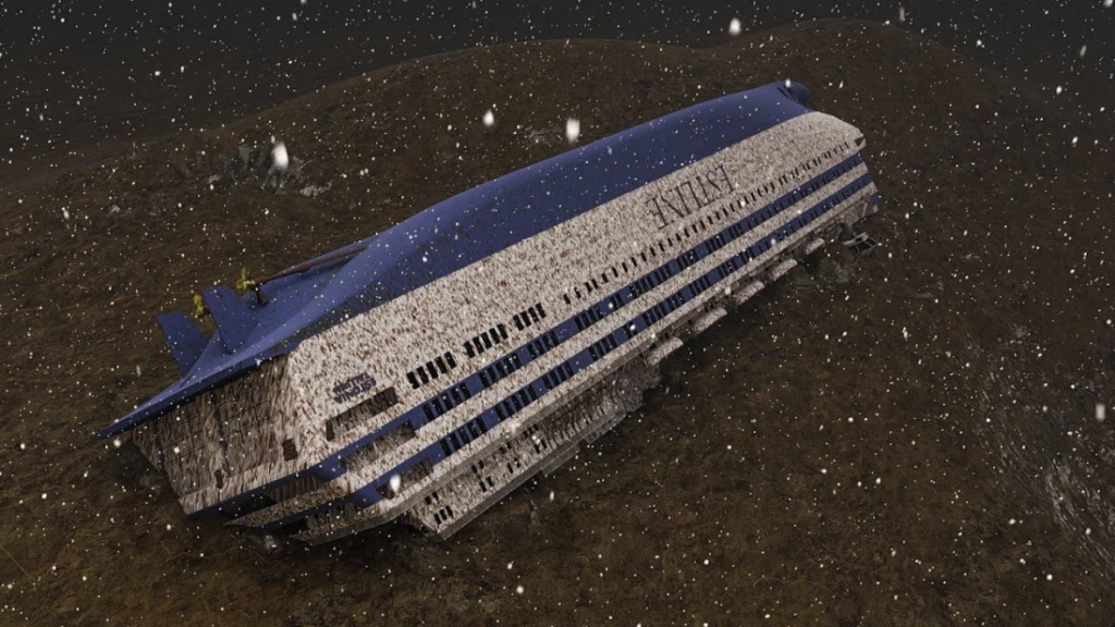 A large, rusted shipwreck lies on its side on a muddy seafloor with debris scattered around. Snow-like particles are falling, suggesting either snow or sediment floating in the water, creating a sense of coldness and abandonment.