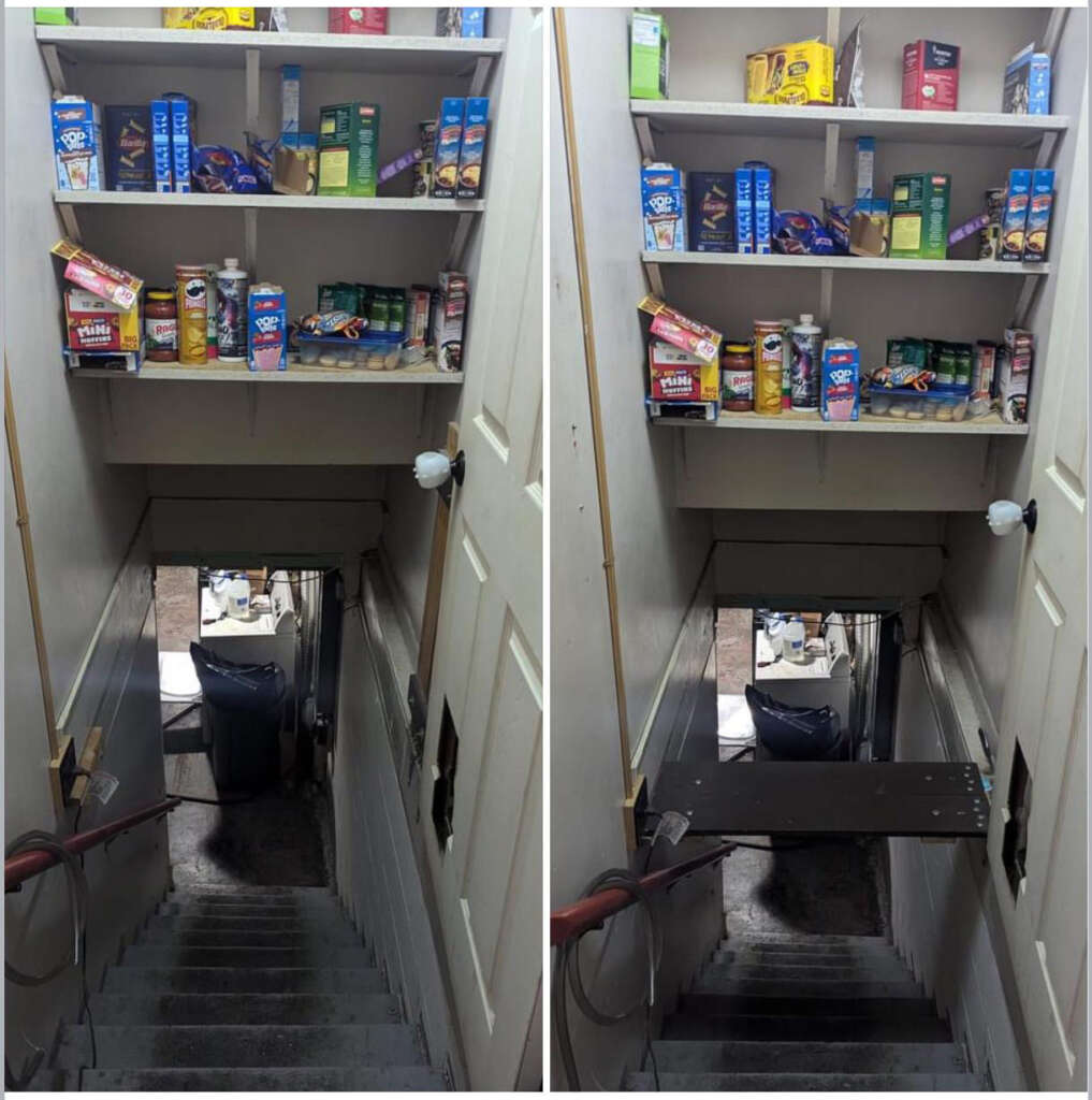 A narrow stairway with shelves above displaying food items like cereal boxes and snacks. The left image shows the shelves full, while the right shows them lifted to reveal a hidden entrance to the basement.