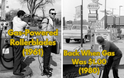 Left image: A man fuels gas-powered rollerblades at a pump, 1961. Right image: A person fills a car's tank at a gas station where fuel costs $1.00, 1980. Both images are in black and white with vintage scenes. Text overlays describe the images.