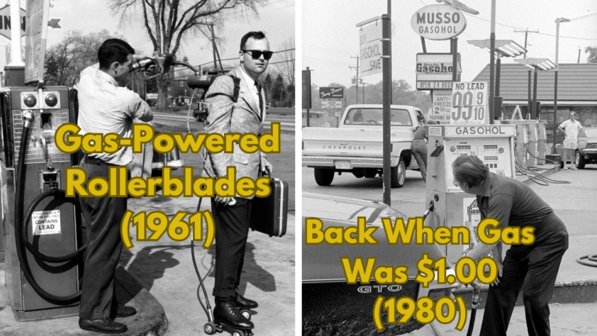 Left image: A man fuels gas-powered rollerblades at a pump, 1961. Right image: A person fills a car's tank at a gas station where fuel costs $1.00, 1980. Both images are in black and white with vintage scenes. Text overlays describe the images.