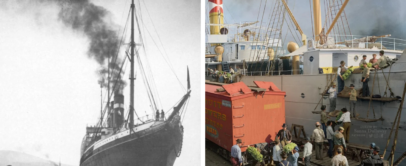 Left: A vintage photo of a steamship releasing black smoke, with sailors on deck. Right: A colorized image of people boarding a ship via a gangway with cranes and railroad cars nearby.