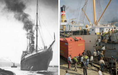 Left: A vintage photo of a steamship releasing black smoke, with sailors on deck. Right: A colorized image of people boarding a ship via a gangway with cranes and railroad cars nearby.