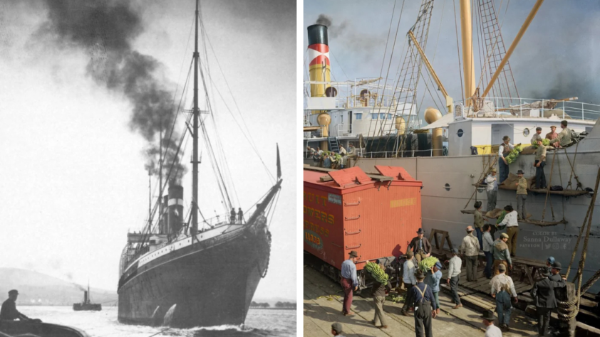 Left: A vintage photo of a steamship releasing black smoke, with sailors on deck. Right: A colorized image of people boarding a ship via a gangway with cranes and railroad cars nearby.