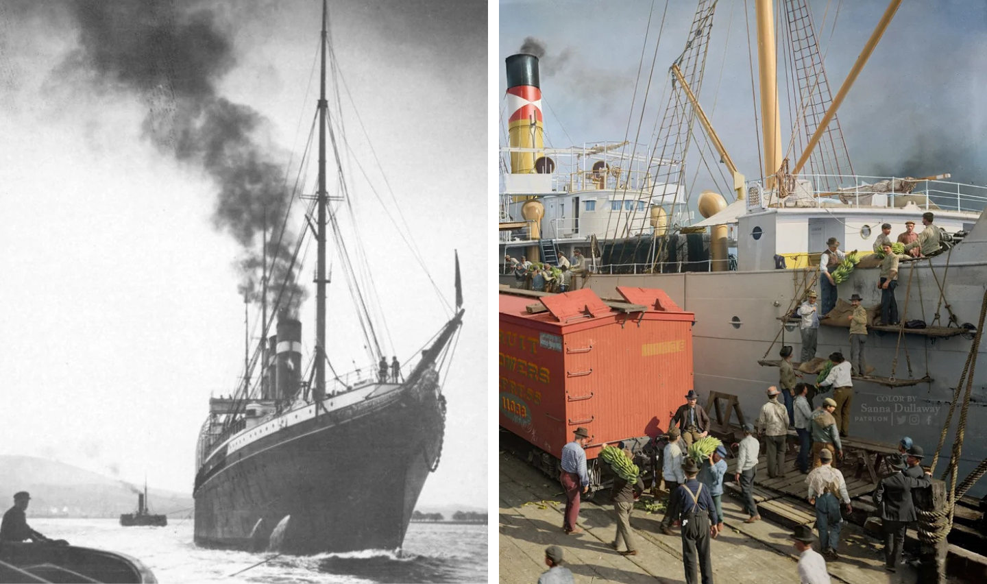 Left: A vintage photo of a steamship releasing black smoke, with sailors on deck. Right: A colorized image of people boarding a ship via a gangway with cranes and railroad cars nearby.