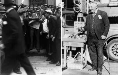 Left: A crowded scene of men dressed in early 20th-century attire, appearing engaged and intense. Right: An elderly man with a cane stands next to a fruit stand labeled "Unemployed Buy Apples," against a backdrop of a vintage car and street.