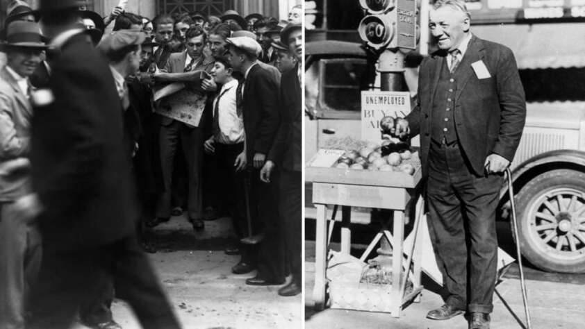 Left: A crowded scene of men dressed in early 20th-century attire, appearing engaged and intense. Right: An elderly man with a cane stands next to a fruit stand labeled "Unemployed Buy Apples," against a backdrop of a vintage car and street.