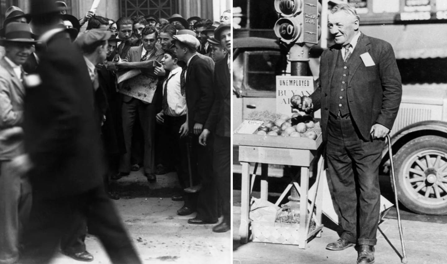 Left: A crowded scene of men dressed in early 20th-century attire, appearing engaged and intense. Right: An elderly man with a cane stands next to a fruit stand labeled "Unemployed Buy Apples," against a backdrop of a vintage car and street.