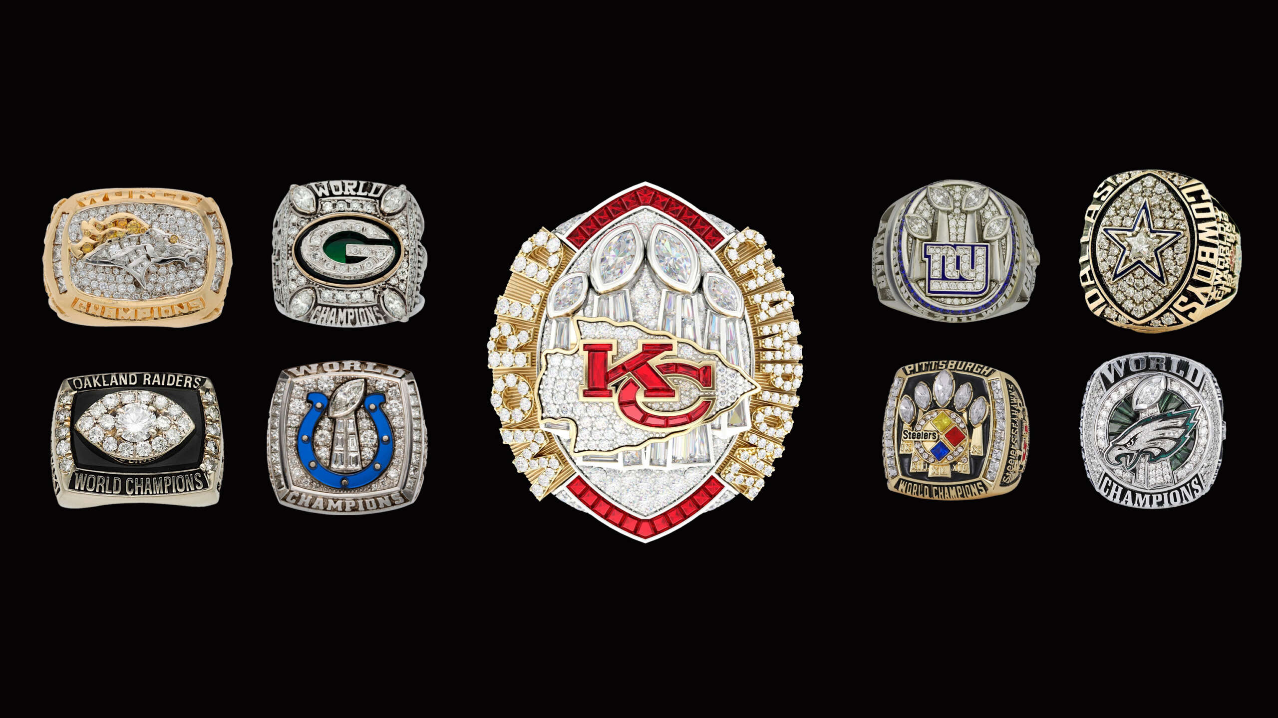 A collection of American football championship rings displayed against a black background. The centerpiece is a Kansas City Chiefs ring, surrounded by rings from various other teams, including the Packers, Raiders, Colts, Giants, Cowboys, Steelers, and Eagles.