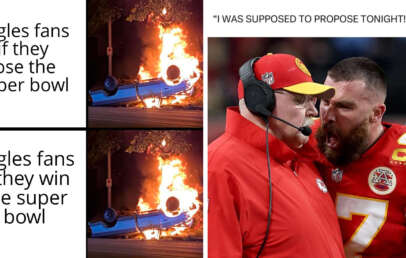 Split meme: Left shows a car on fire with text “eagles fans if they lose the super bowl” and “eagles fans if they win the super bowl.” Right shows two football coaches, with one yelling, captioned “I was supposed to propose tonight!”