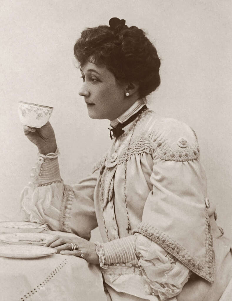 A woman in an elegant Victorian dress holds a teacup delicately, sitting in profile. Her hair is styled up with a ribbon, and she wears a high-collared blouse with lace and detailed embroidery, giving an impression of timeless sophistication.