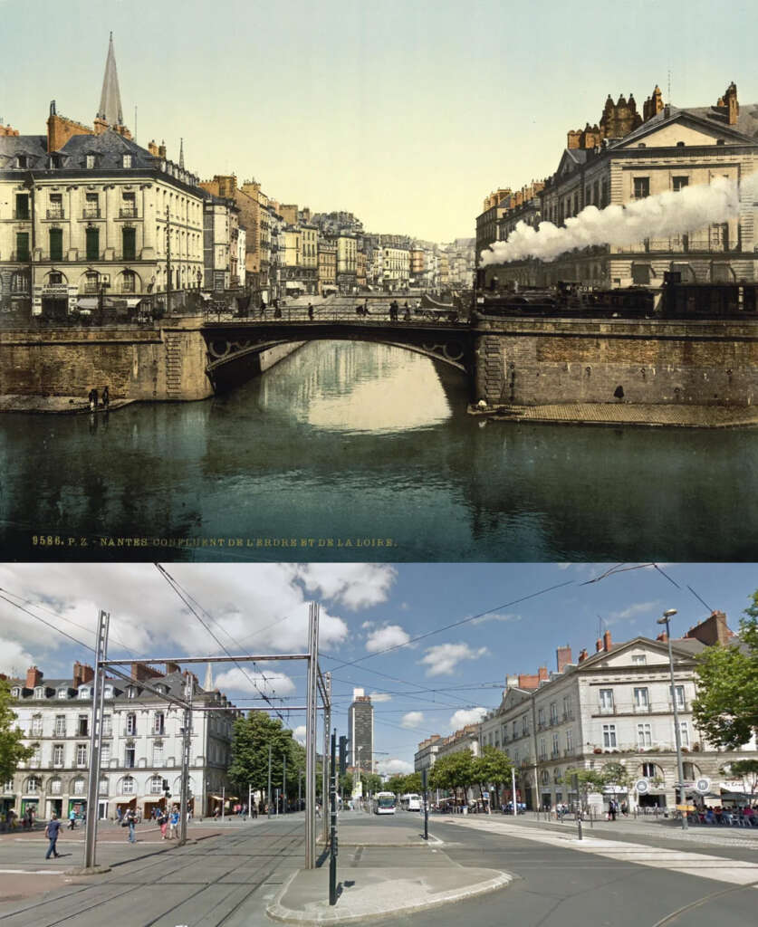 Top: Historic view of a bridge over a river in Nantes, with steam rising, flanked by old buildings. Bottom: Modern view of the same area, showing updated buildings, tram tracks, and a bustling city scene under a clear sky.