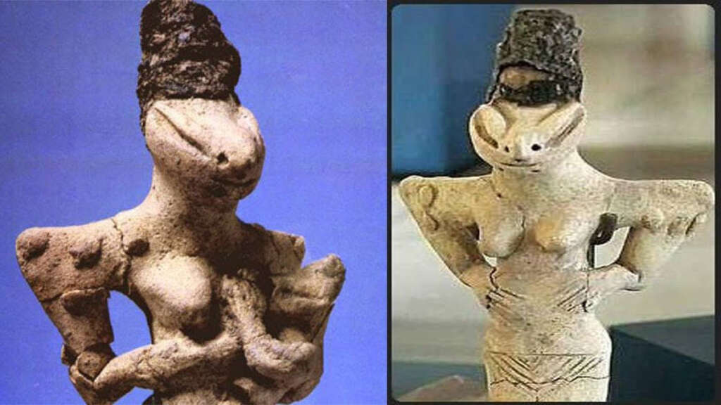 Two ancient figurines with distinctively exaggerated features and detailed textures. Each has a prominent headdress, defined body shapes, and unique hand placements. Set against a simple blue and neutral background.