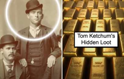 Sepia-toned photo of a man in a bowler hat on the left, surrounded by a circle. On the right, a stack of gold bars with the text "Tom Ketchum's Hidden Loot.