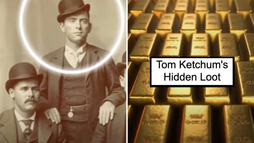 Sepia-toned photo of a man in a bowler hat on the left, surrounded by a circle. On the right, a stack of gold bars with the text "Tom Ketchum's Hidden Loot.