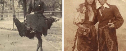 Left: A vintage photo of a woman in a dress and hat sitting on an ostrich. Right: A sepia photo of a man and woman in period costumes; the man wears a top hat and suit, and the woman is in a dress with floral accessories.