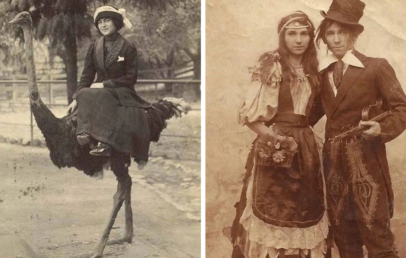 Left: A vintage photo of a woman in a dress and hat sitting on an ostrich. Right: A sepia photo of a man and woman in period costumes; the man wears a top hat and suit, and the woman is in a dress with floral accessories.