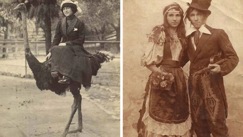 Left: A vintage photo of a woman in a dress and hat sitting on an ostrich. Right: A sepia photo of a man and woman in period costumes; the man wears a top hat and suit, and the woman is in a dress with floral accessories.