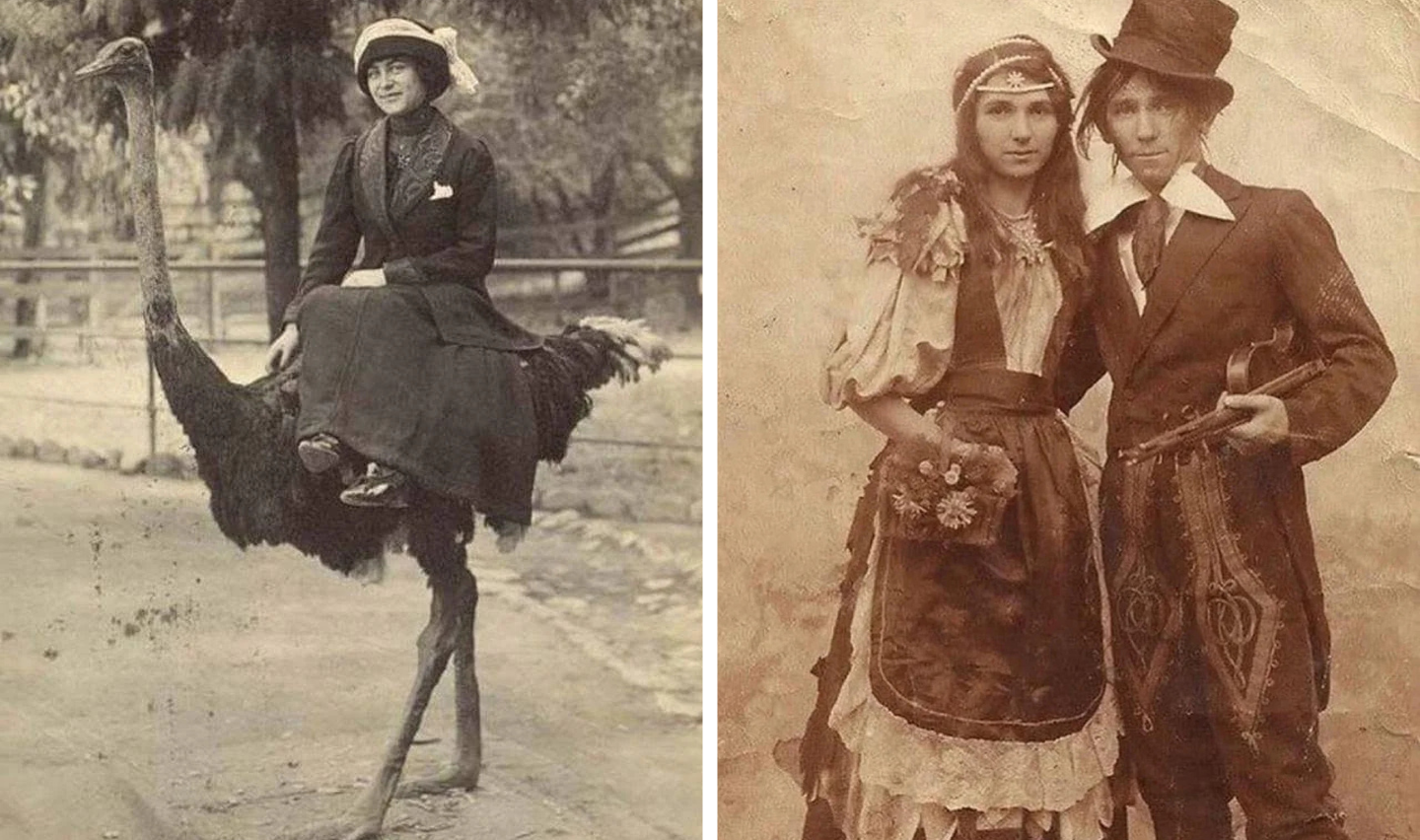 Left: A vintage photo of a woman in a dress and hat sitting on an ostrich. Right: A sepia photo of a man and woman in period costumes; the man wears a top hat and suit, and the woman is in a dress with floral accessories.