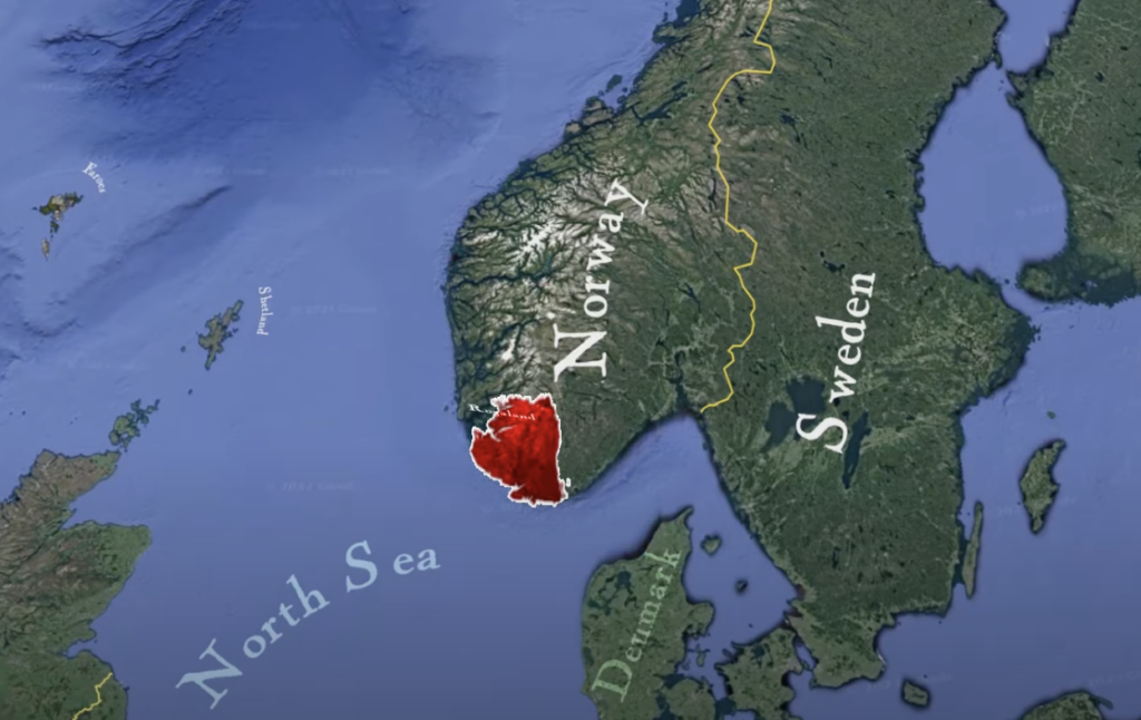 Satellite map highlighting a red region in southwestern Norway, adjacent to the North Sea. Norway and Sweden are labeled, with a yellow border demarcating them. The surrounding bodies of water and geographic details are visible.