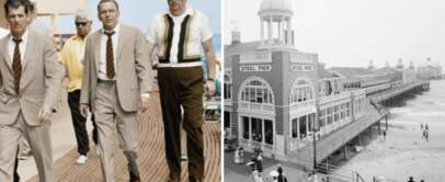 Left side: A group of men in suits and sunglasses walk on a wooden boardwalk, with one man in a yellow jacket. Right side: A vintage black-and-white photo of Steel Pier, with people strolling along the boardwalk by the ocean.