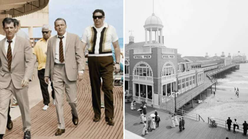 Left side: A group of men in suits and sunglasses walk on a wooden boardwalk, with one man in a yellow jacket. Right side: A vintage black-and-white photo of Steel Pier, with people strolling along the boardwalk by the ocean.