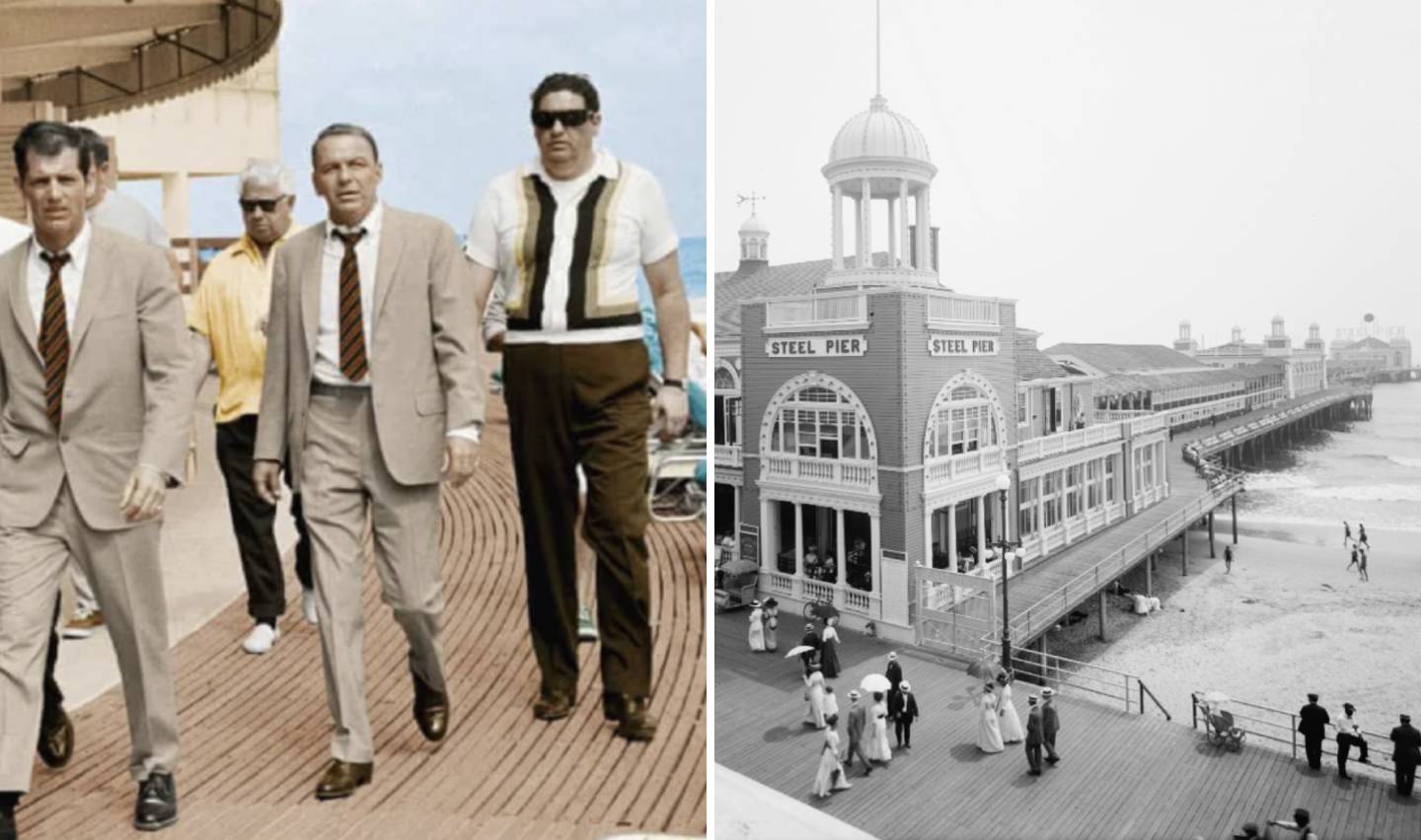 Left side: A group of men in suits and sunglasses walk on a wooden boardwalk, with one man in a yellow jacket. Right side: A vintage black-and-white photo of Steel Pier, with people strolling along the boardwalk by the ocean.