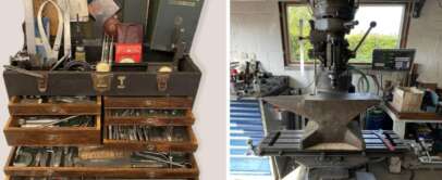 Left: An open toolbox with assorted tools, books, and measuring devices. Right: A workshop with a large milling machine, anvil, and various tools, set near a window.