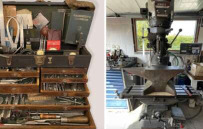 Left: An open toolbox with assorted tools, books, and measuring devices. Right: A workshop with a large milling machine, anvil, and various tools, set near a window.