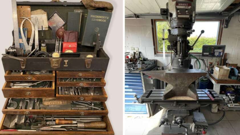 Left: An open toolbox with assorted tools, books, and measuring devices. Right: A workshop with a large milling machine, anvil, and various tools, set near a window.