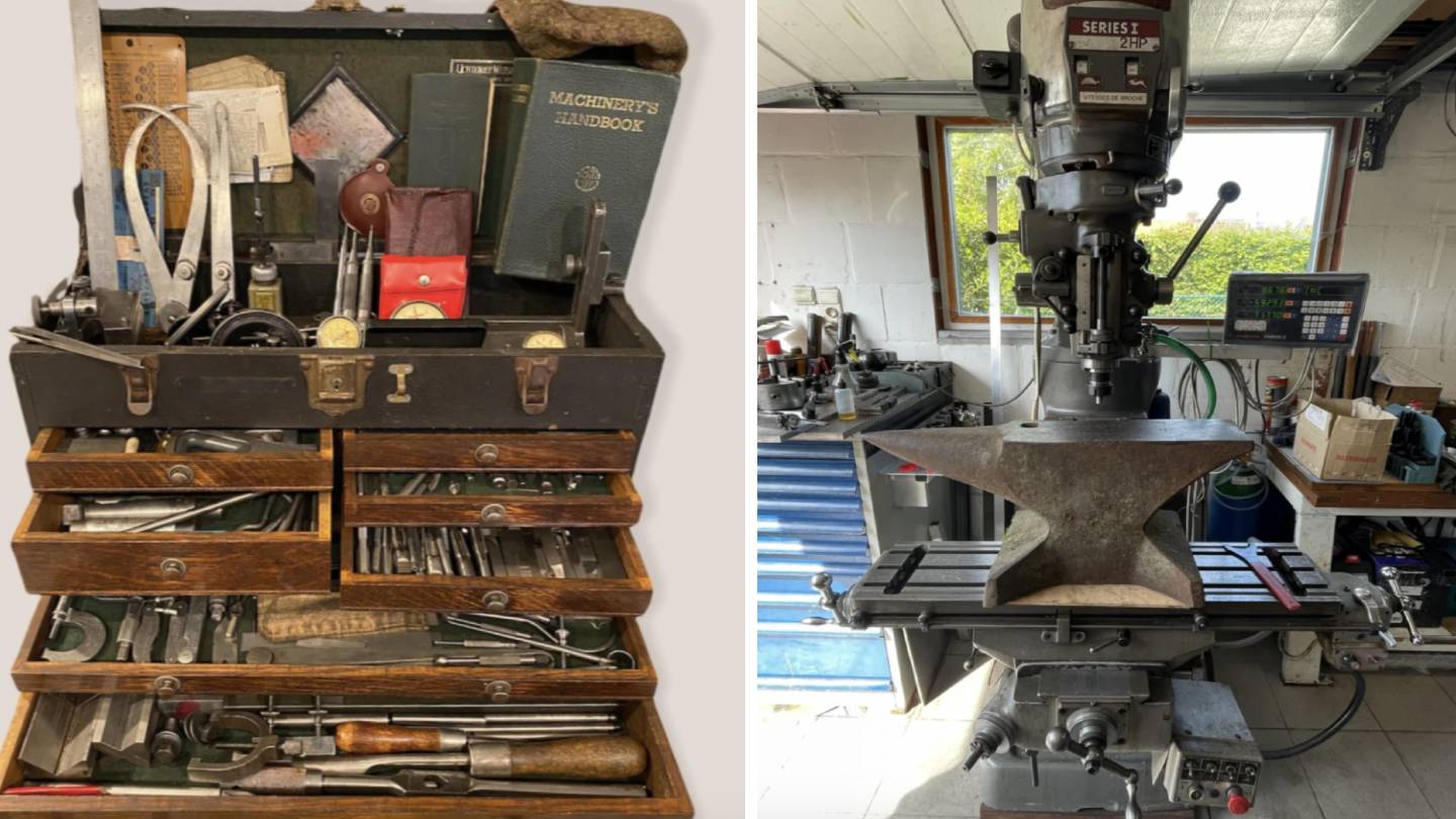 Left: An open toolbox with assorted tools, books, and measuring devices. Right: A workshop with a large milling machine, anvil, and various tools, set near a window.