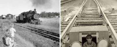 Left: A vintage train travels on tracks through a rural area with smoke billowing. Two children and a woman sit nearby, watching. Right: A man peers out from under train tracks, framed by large circular fixtures.