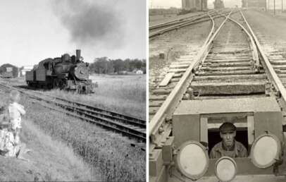 Left: A vintage train travels on tracks through a rural area with smoke billowing. Two children and a woman sit nearby, watching. Right: A man peers out from under train tracks, framed by large circular fixtures.