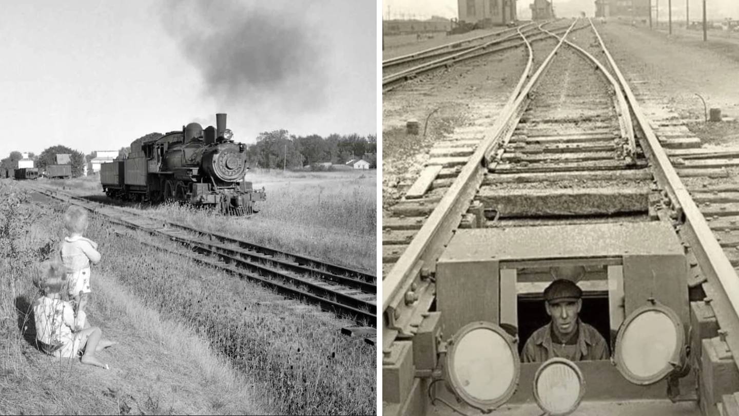 Left: A vintage train travels on tracks through a rural area with smoke billowing. Two children and a woman sit nearby, watching. Right: A man peers out from under train tracks, framed by large circular fixtures.