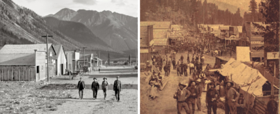 Left: Four people walk on a dirt road past wooden buildings in a mountainous landscape. Right: A bustling old-western street scene with people in period clothing walking and engaging in various activities, surrounded by wooden structures and tents.