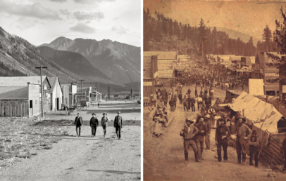 Left: Four people walk on a dirt road past wooden buildings in a mountainous landscape. Right: A bustling old-western street scene with people in period clothing walking and engaging in various activities, surrounded by wooden structures and tents.