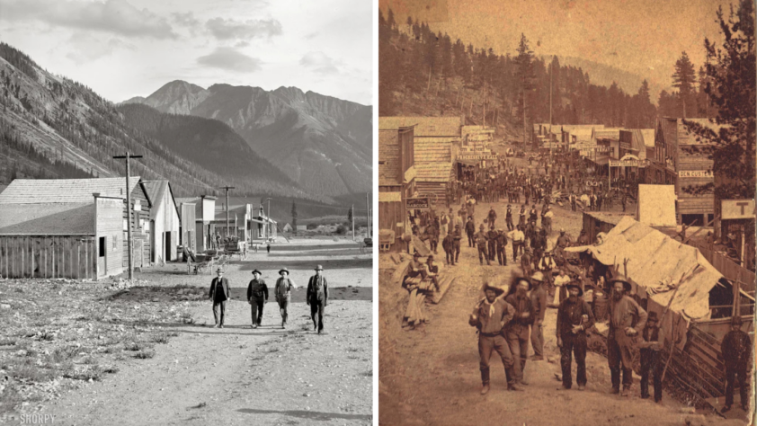 Left: Four people walk on a dirt road past wooden buildings in a mountainous landscape. Right: A bustling old-western street scene with people in period clothing walking and engaging in various activities, surrounded by wooden structures and tents.