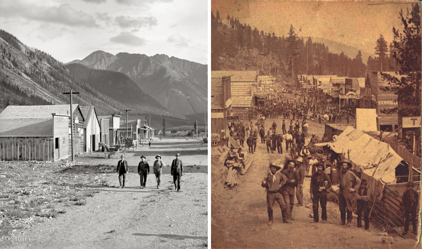 Left: Four people walk on a dirt road past wooden buildings in a mountainous landscape. Right: A bustling old-western street scene with people in period clothing walking and engaging in various activities, surrounded by wooden structures and tents.