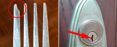 Close-up of a metal fork with one bent tine highlighted in a red circle on the left. On the right, a door lock with a red arrow pointing at it. The image suggests a hack or trick related to locks and forks.