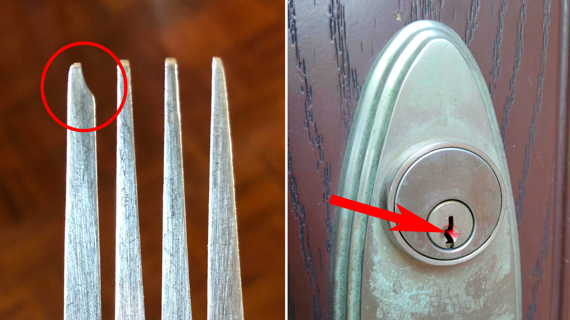 Close-up of a metal fork with one bent tine highlighted in a red circle on the left. On the right, a door lock with a red arrow pointing at it. The image suggests a hack or trick related to locks and forks.